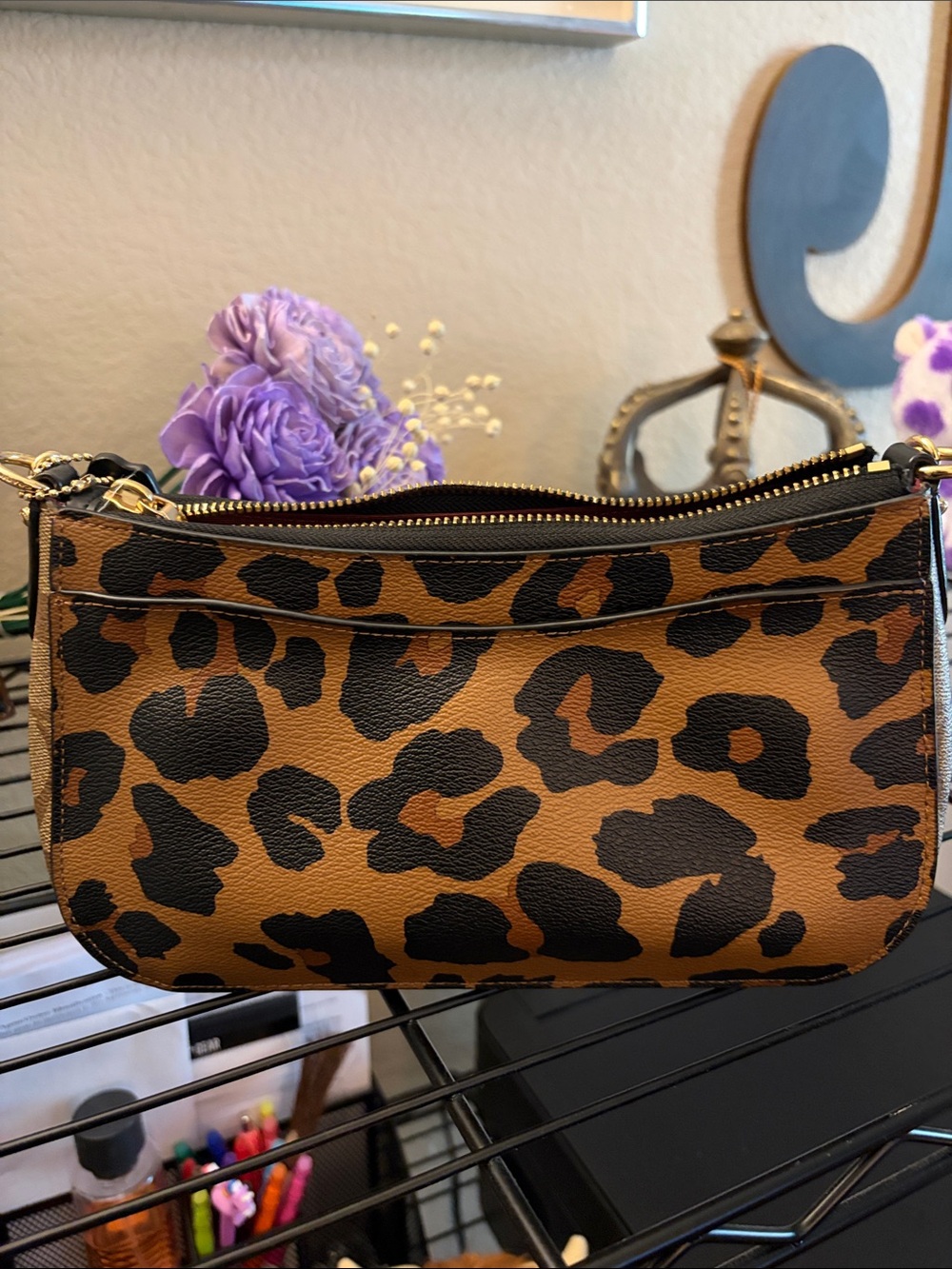 Coach Leopard-Print Leather Shoulder Bag - Brown/Black/Gold - Picture 3 of 7